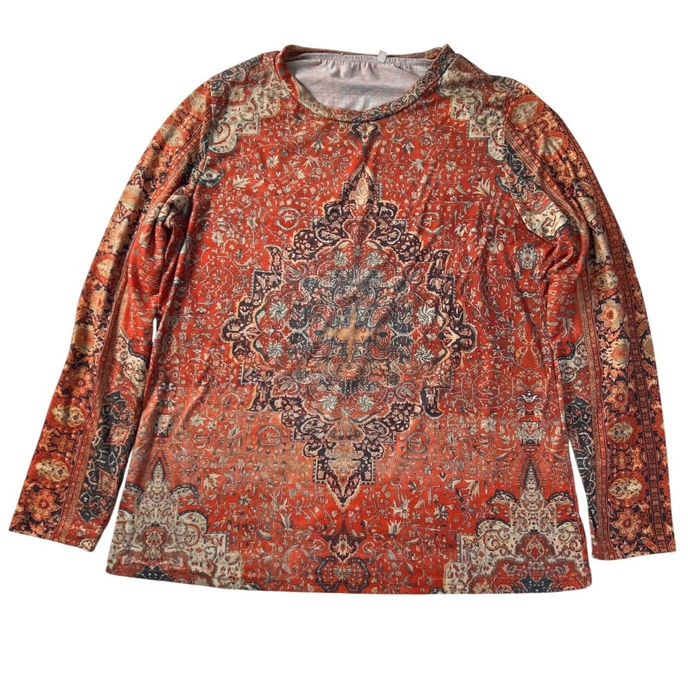 Women's Orange Medallion Print Long‎ Sleeve Crew Neck Top Size L - Picture 4 of 8